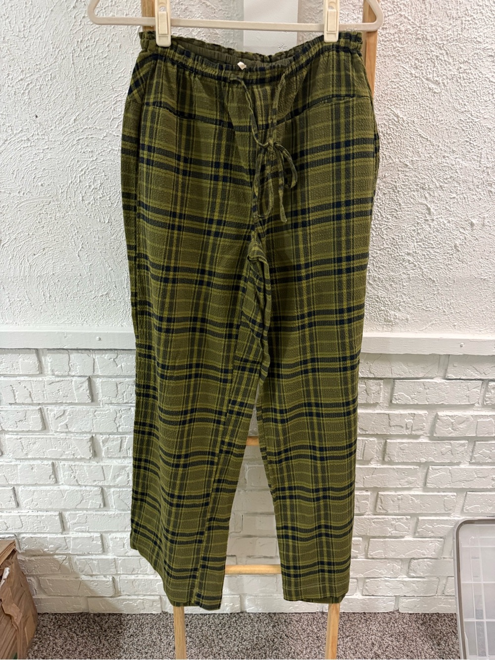 Free People Olive Plaid Drawstring Pants